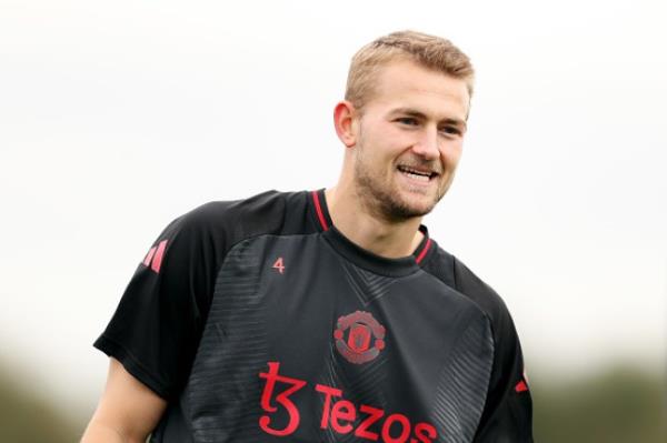 Matthijs de Ligt of Manchester United reacts during the UEFA Europa League 2024/25 League Phase MD2 training and press conference at Carrington Training Ground 