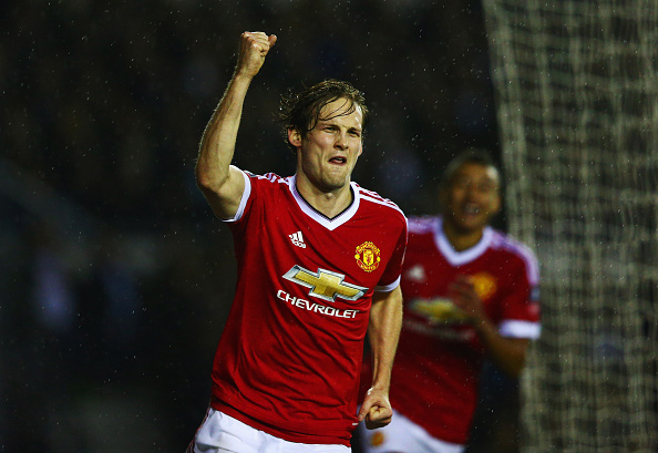 aley Blind of Manchester United celebrates as he scores their second goal during the Emirates FA Cup fourth round match between Derby County and Manchester United